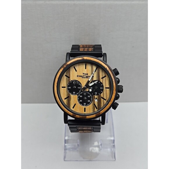 Danbury Mint The Craftsman Zebrawood Chrono Watch 44mm Quartz New Battery Date - Picture 1 of 12